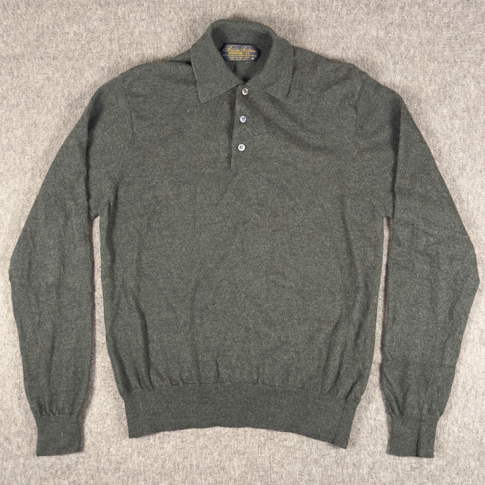 Vintage Brooks Brothers Sweater Mens Medium Green Merino Wool Polo Long Sleeve
